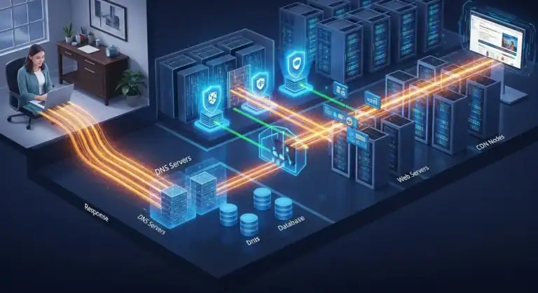 Diagram of secure website architecture showing DNS, web, & CDN servers.